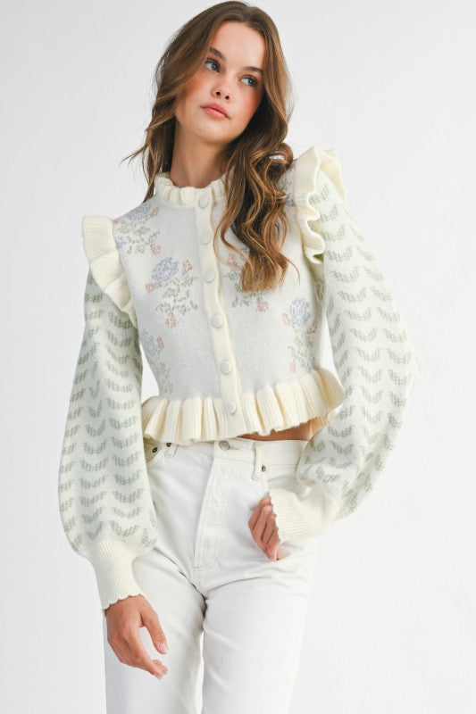 Floral Print Ruffle Cardigan