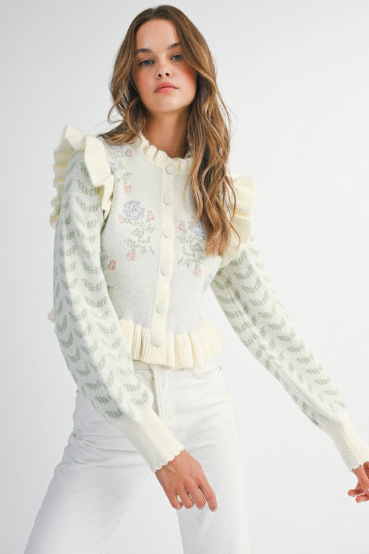 Floral Print Ruffle Cardigan
