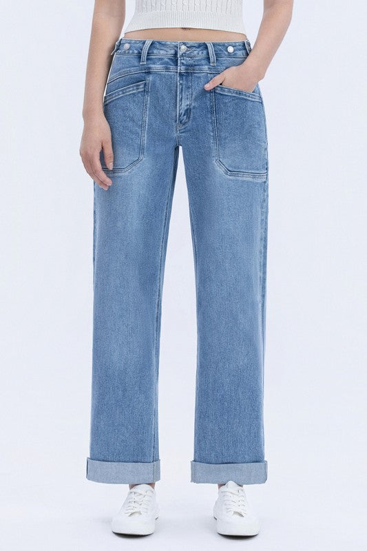 High Rise Tab Waistband Cuffed Slim Wide Jeans