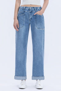High Rise Tab Waistband Cuffed Slim Wide Jeans