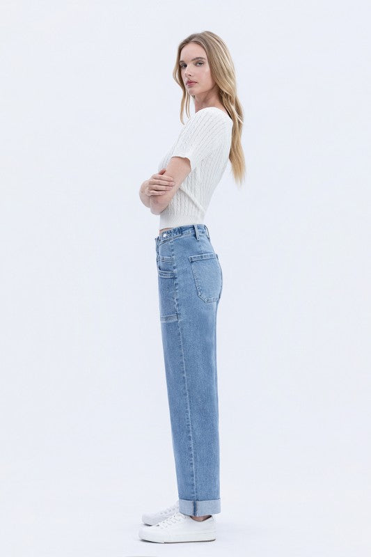 High Rise Tab Waistband Cuffed Slim Wide Jeans