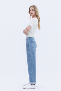 High Rise Tab Waistband Cuffed Slim Wide Jeans