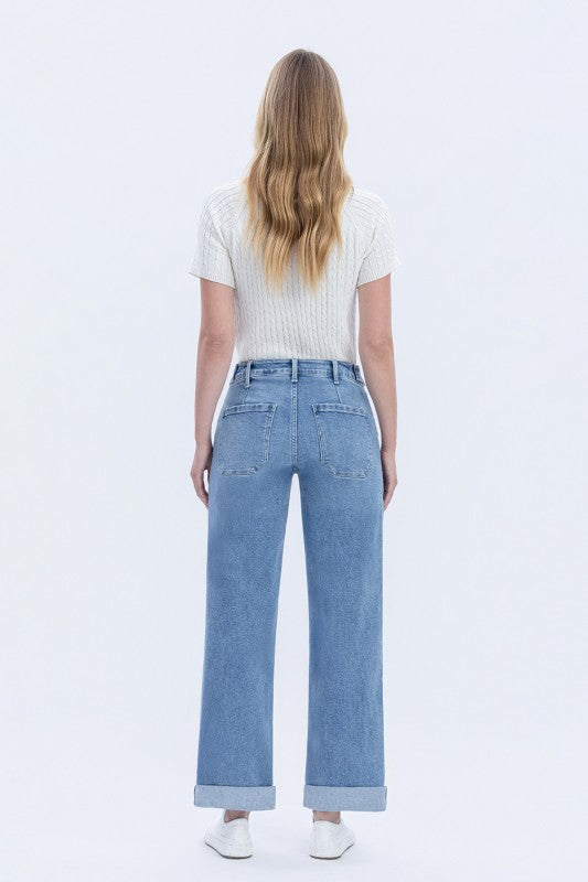 High Rise Tab Waistband Cuffed Slim Wide Jeans