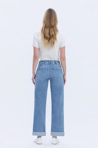 High Rise Tab Waistband Cuffed Slim Wide Jeans